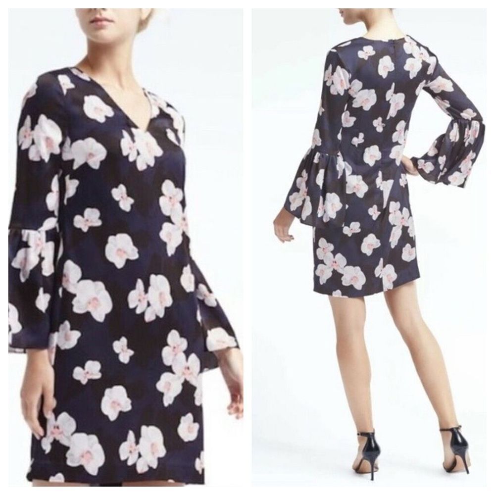 Banana Republic Belle V-Neck‎ Bell Sleeve Floral MIDI Dress Size 0